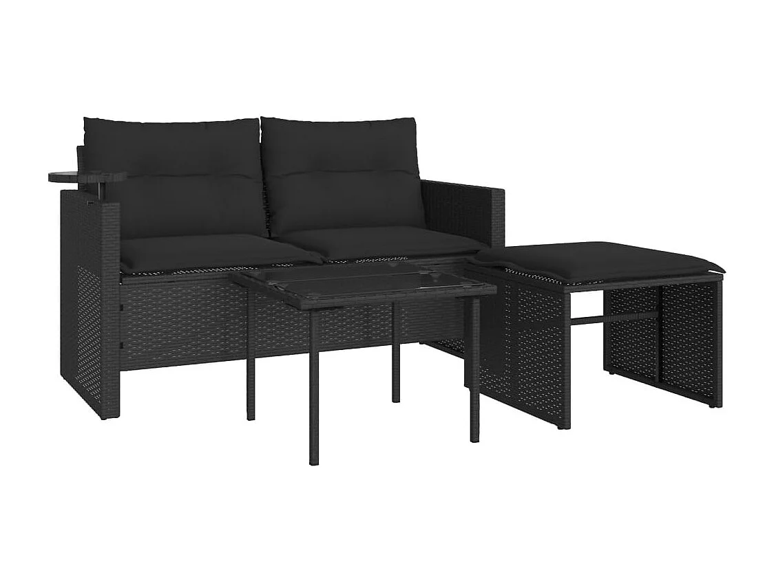3-tlg. Garten-Sofagarnitur mit Kissen Schwarz Poly Rattan