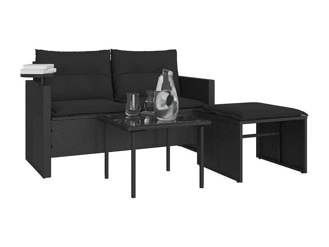 3-tlg. Garten-Sofagarnitur mit Kissen Schwarz Poly Rattan