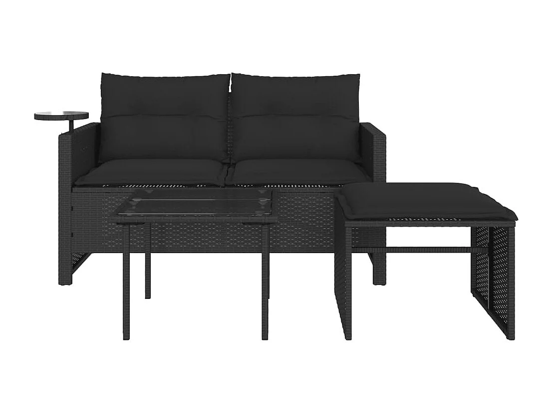 3-tlg. Garten-Sofagarnitur mit Kissen Schwarz Poly Rattan