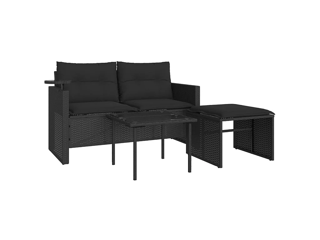 3-delige Loungeset met kussens poly rattan zwart