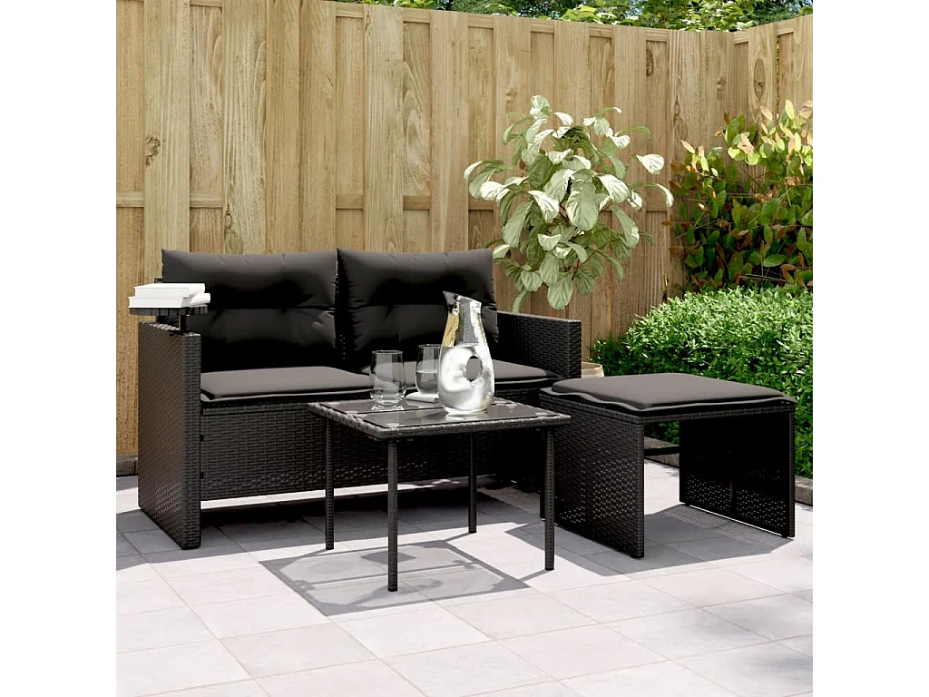 3-delige Loungeset met kussens poly rattan zwart