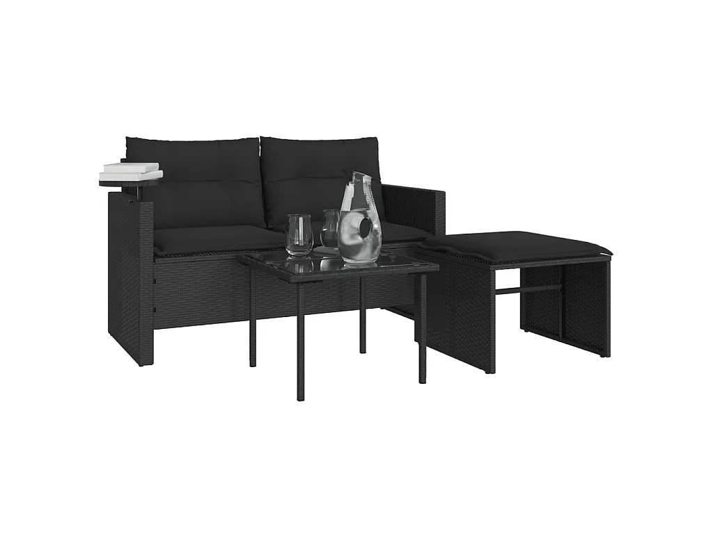 3 pcs conjunto sofás de jardim com almofadões vime PE preto
