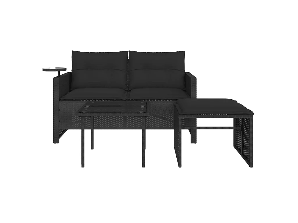 3 pcs conjunto sofás de jardim com almofadões vime PE preto