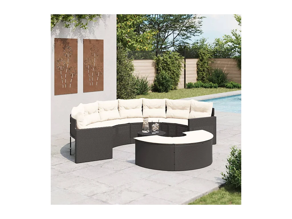 Salon de jardin 3 pcs demi-rond noir résine tressée