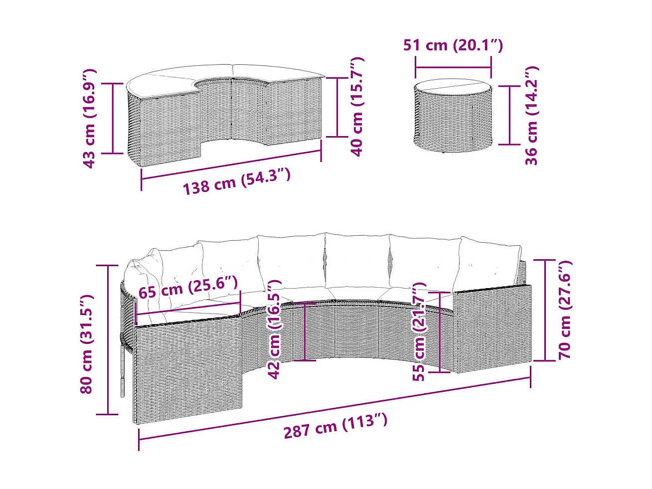 3-tlg. Garten-Sofagarnitur Halbrund Schwarz Poly-Rattan