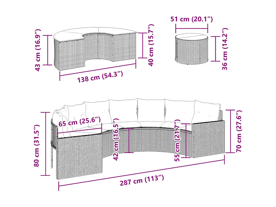 3-tlg. Garten-Sofagarnitur Halbrund Schwarz Poly-Rattan