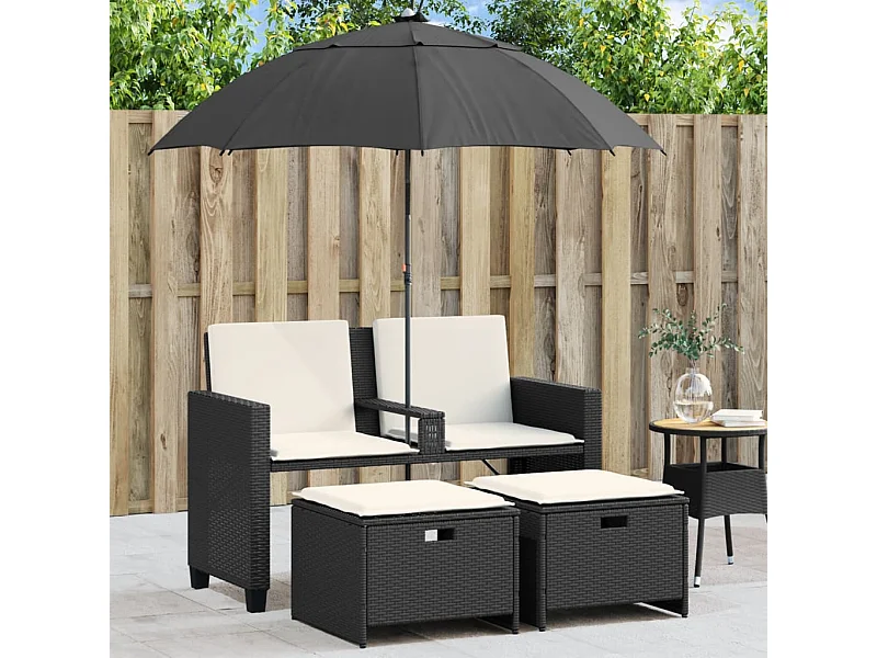 Tuinbank 2-zits met parasol en voetenbanken poly rattan zwart