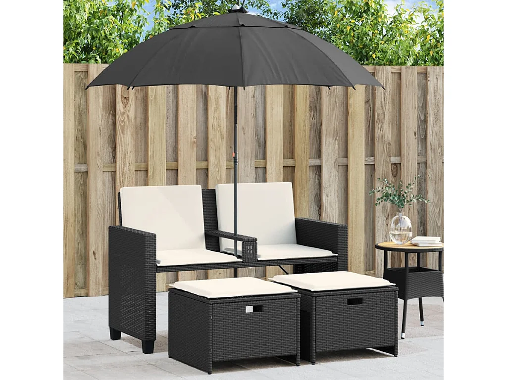 Tuinbank 2-zits met parasol en voetenbanken poly rattan zwart