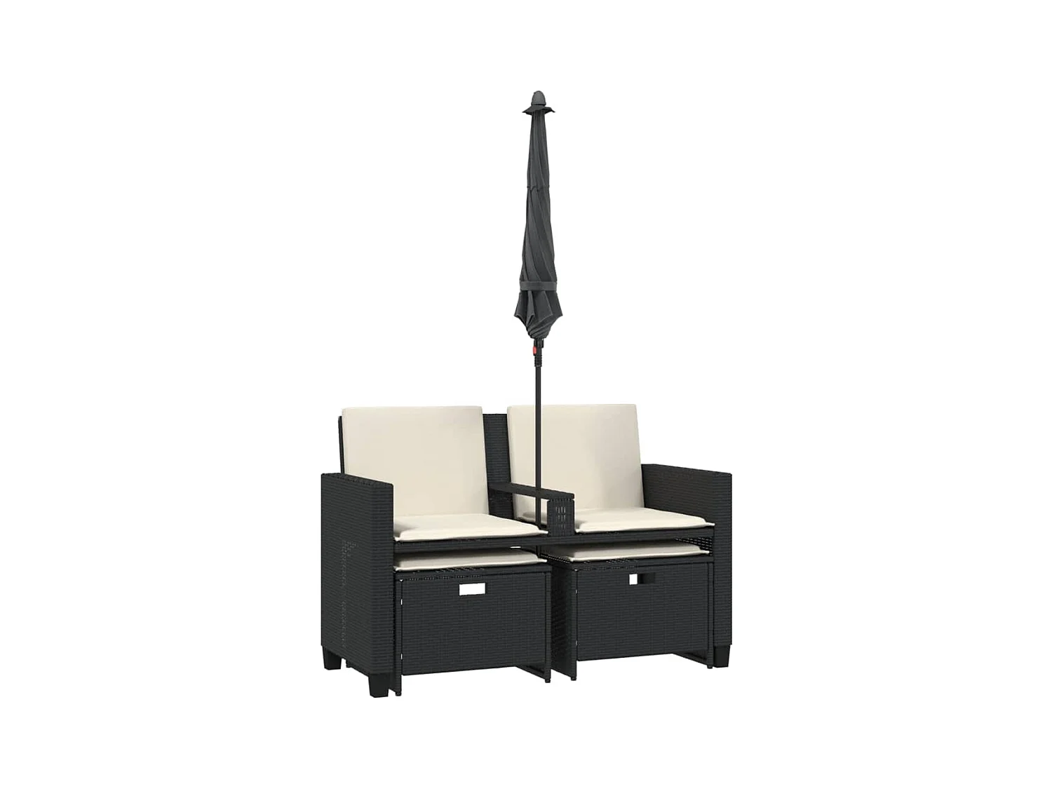 Tuinbank 2-zits met parasol en voetenbanken poly rattan zwart