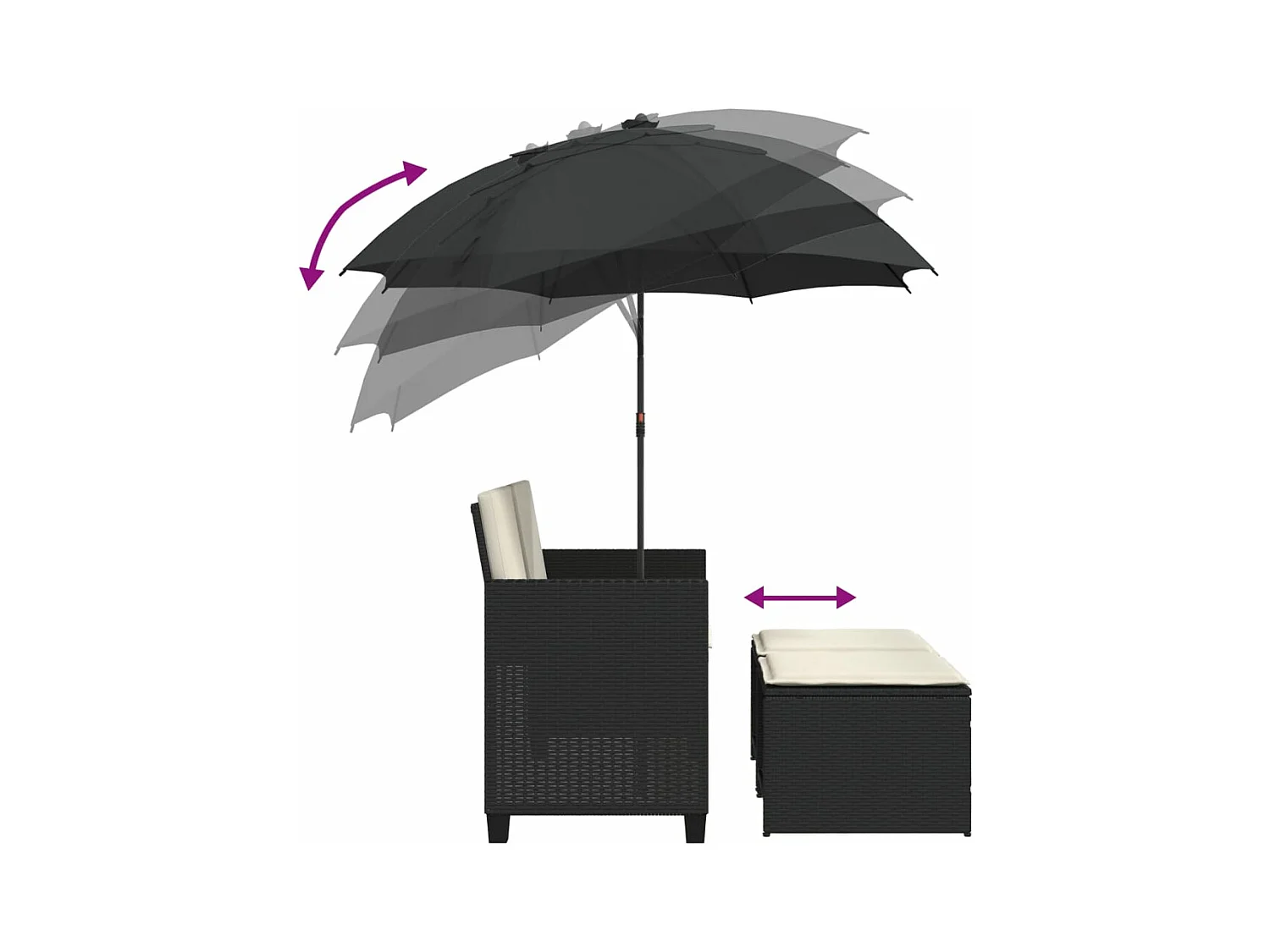 Tuinbank 2-zits met parasol en voetenbanken poly rattan zwart