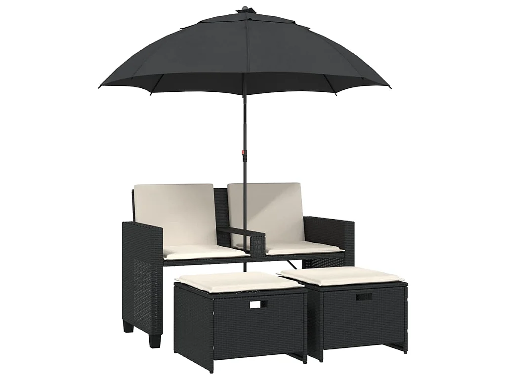 Tuinbank 2-zits met parasol en voetenbanken poly rattan zwart