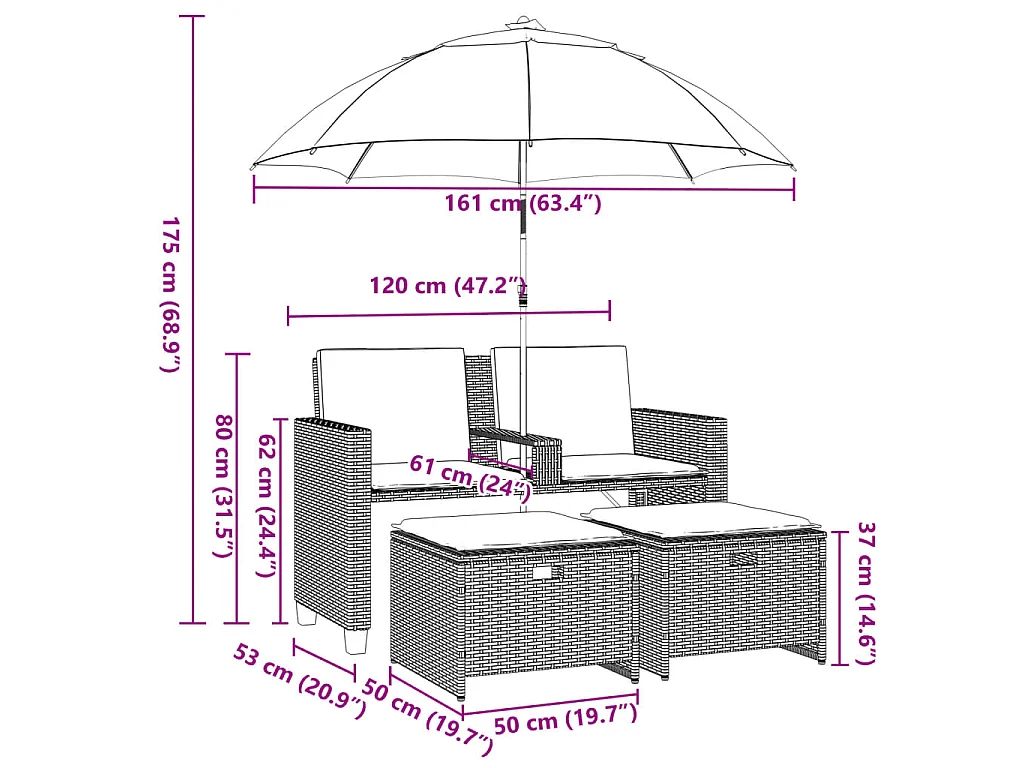Tuinbank 2-zits met parasol en voetenbanken poly rattan zwart