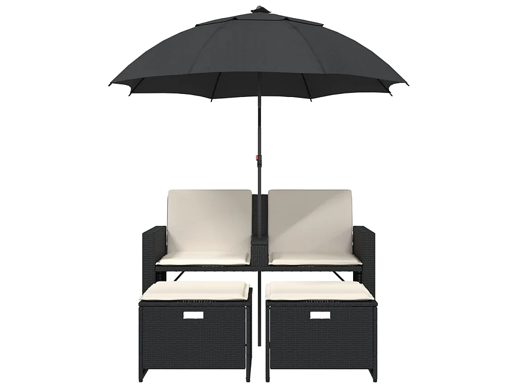 Tuinbank 2-zits met parasol en voetenbanken poly rattan zwart