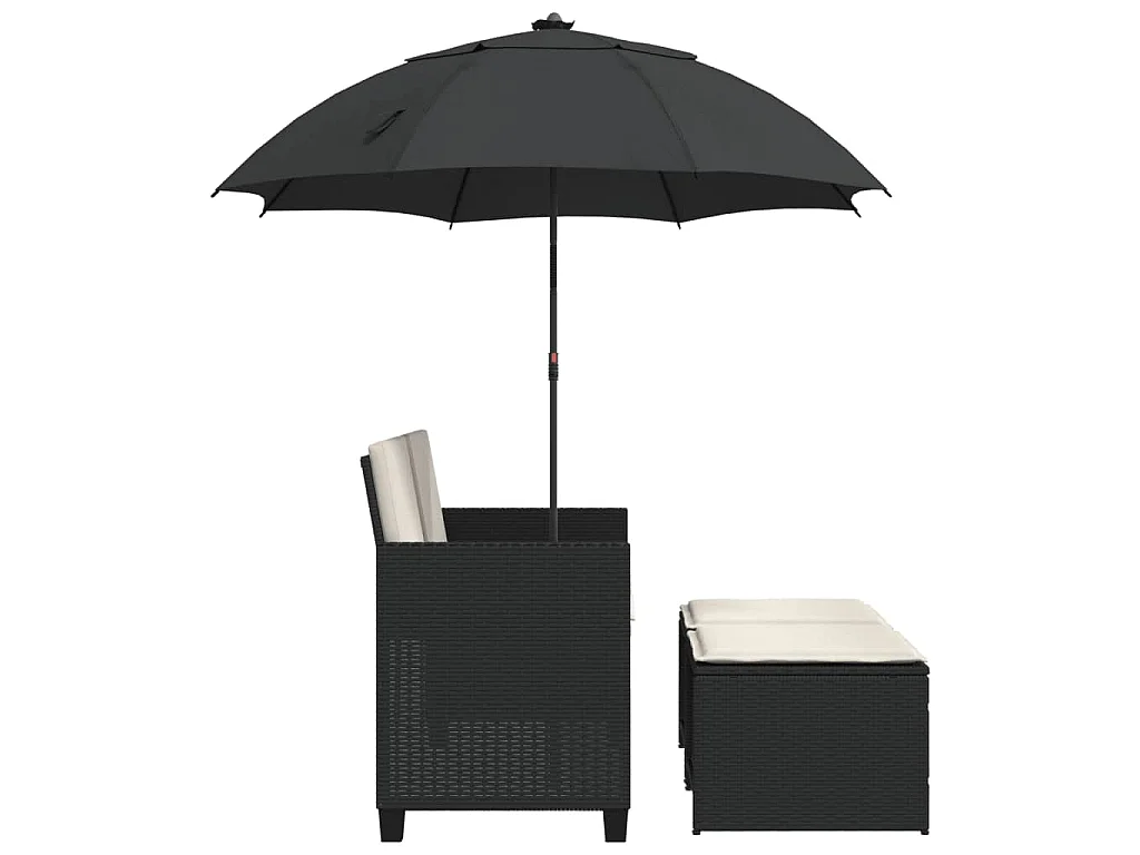 Tuinbank 2-zits met parasol en voetenbanken poly rattan zwart