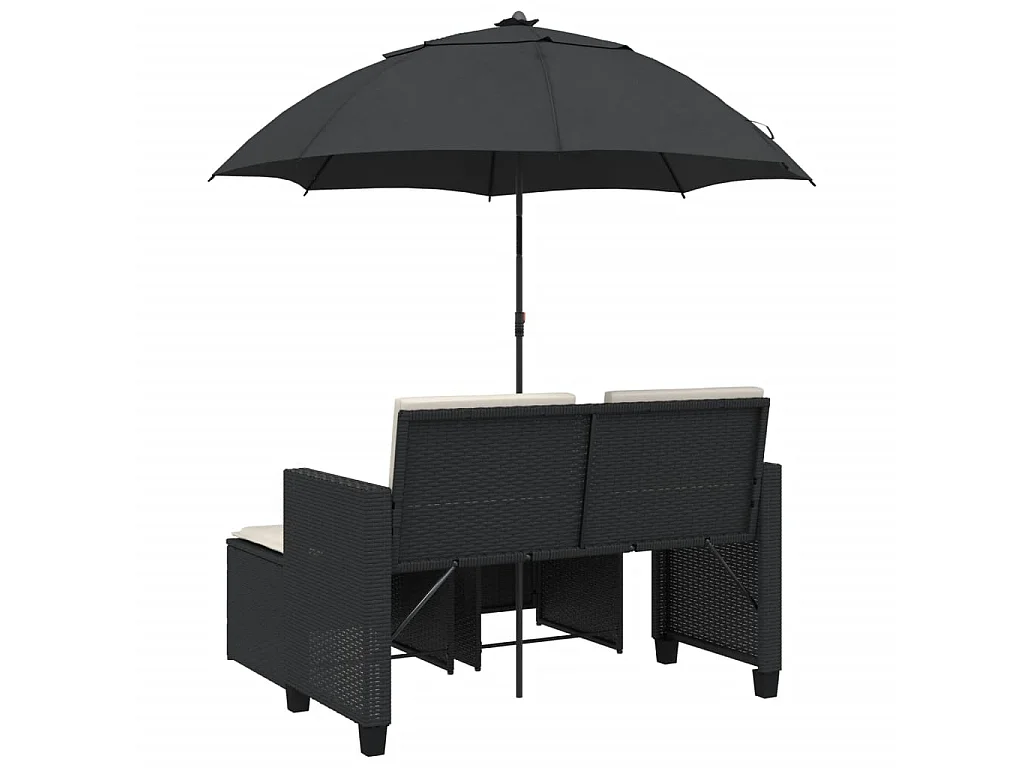 Tuinbank 2-zits met parasol en voetenbanken poly rattan zwart