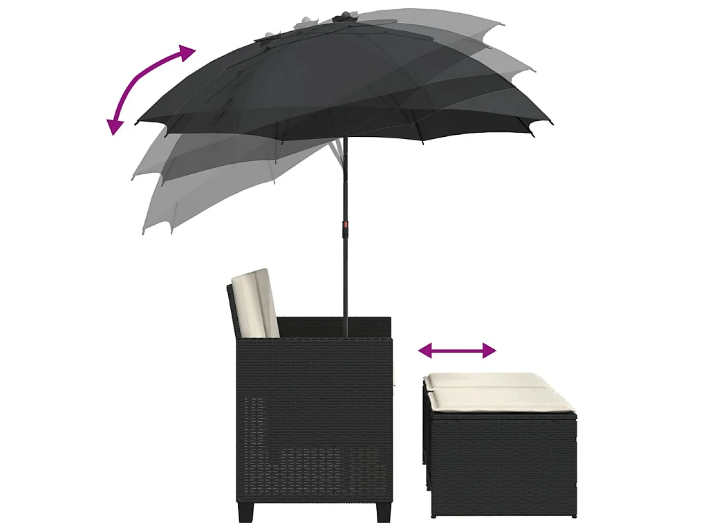 Tuinbank 2-zits met parasol en voetenbanken poly rattan zwart