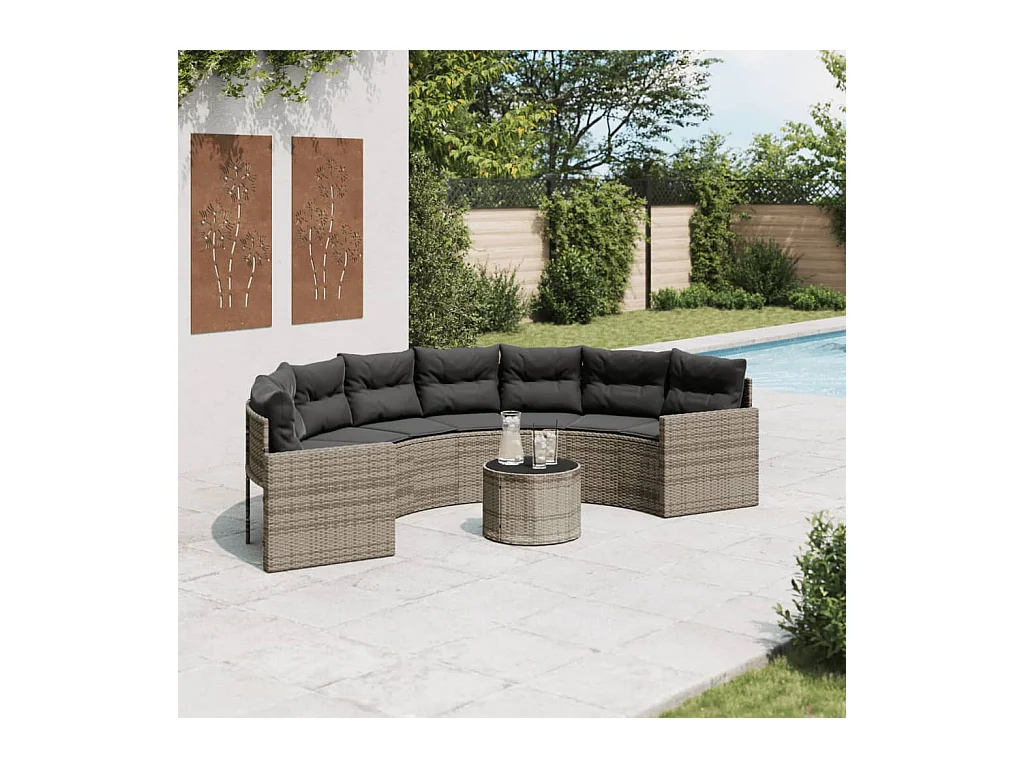 Gartensofa mit Tisch und Kissen Halbrund Grau Poly Rattan