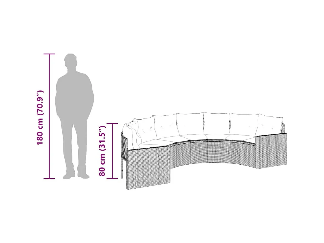 Tuinbank met tafel en kussens halfrond poly rattan grijs