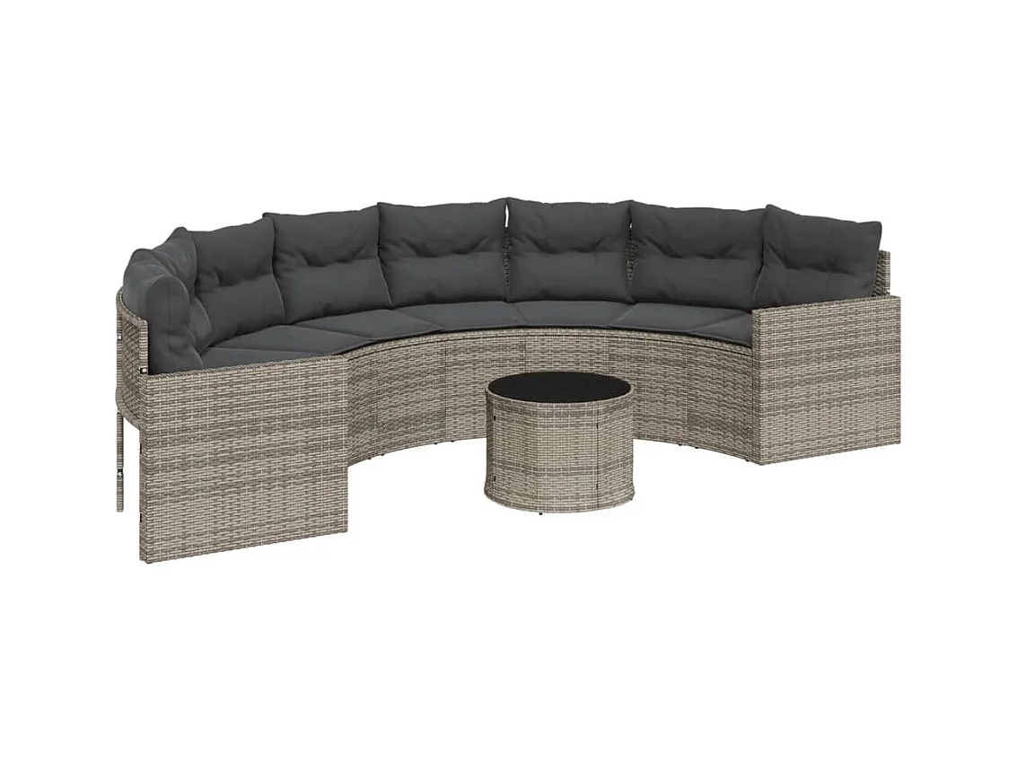 Tuinbank met tafel en kussens halfrond poly rattan grijs