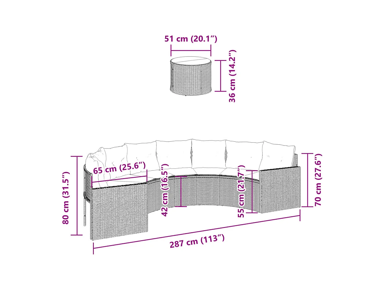 Tuinbank met tafel en kussens halfrond poly rattan grijs