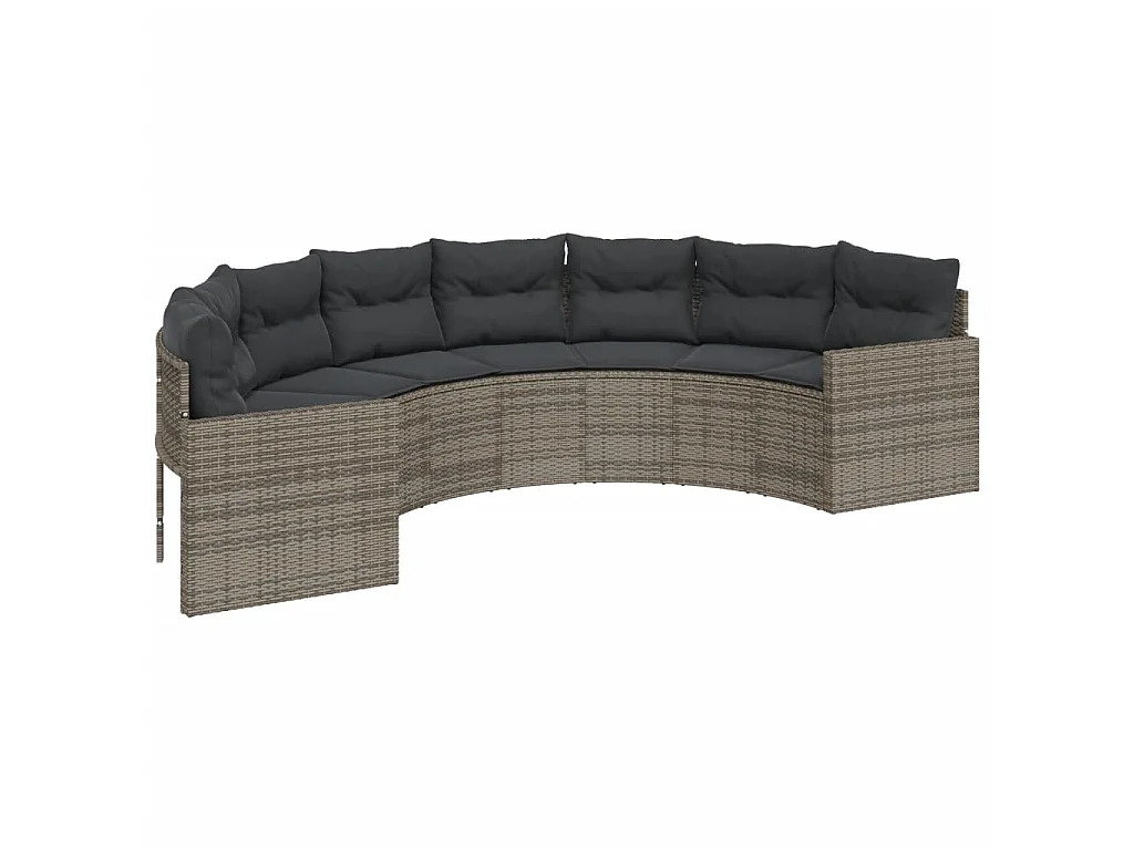 Sofá de jardim com mesa e almofadões semicircular vime PE cinza