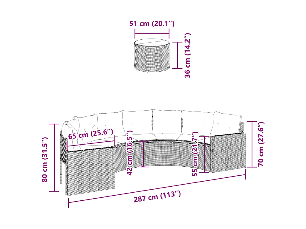 Sofá de jardim com mesa e almofadões semicircular vime PE cinza