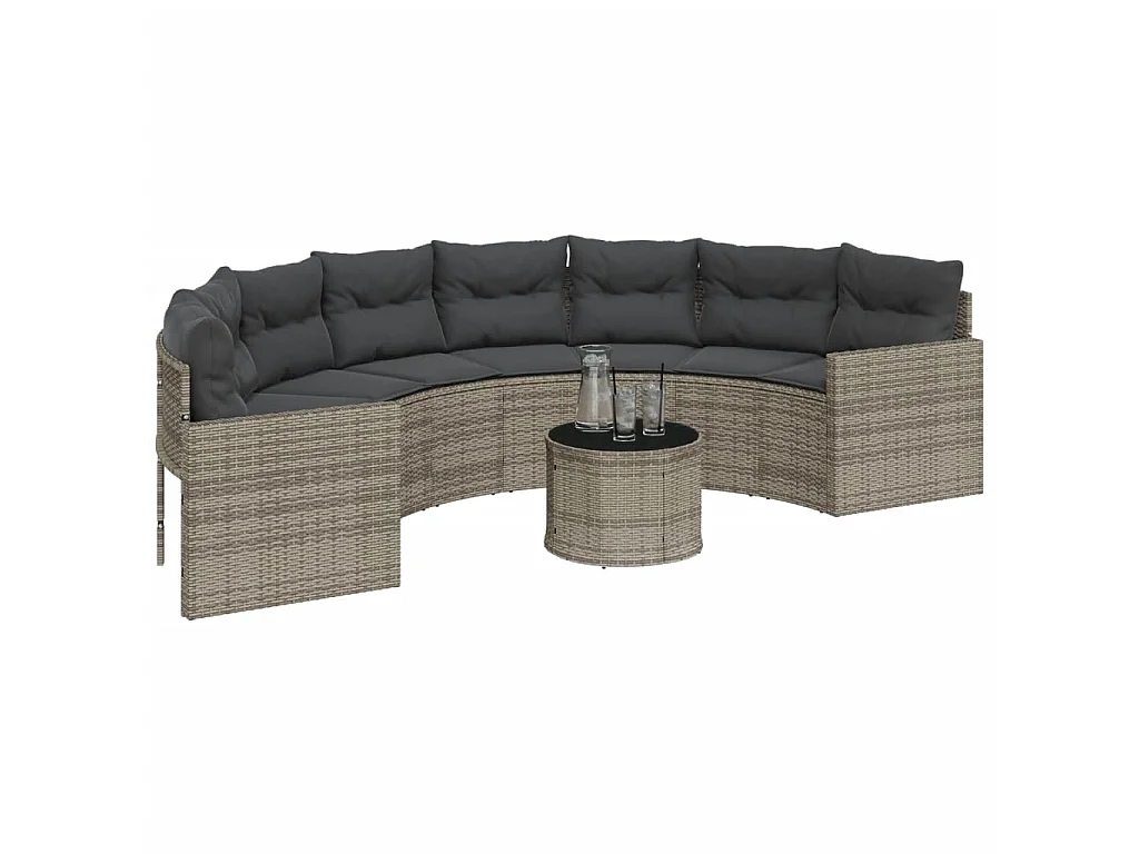 Canapé de jardin table coussins demi-rond gris résine tressée