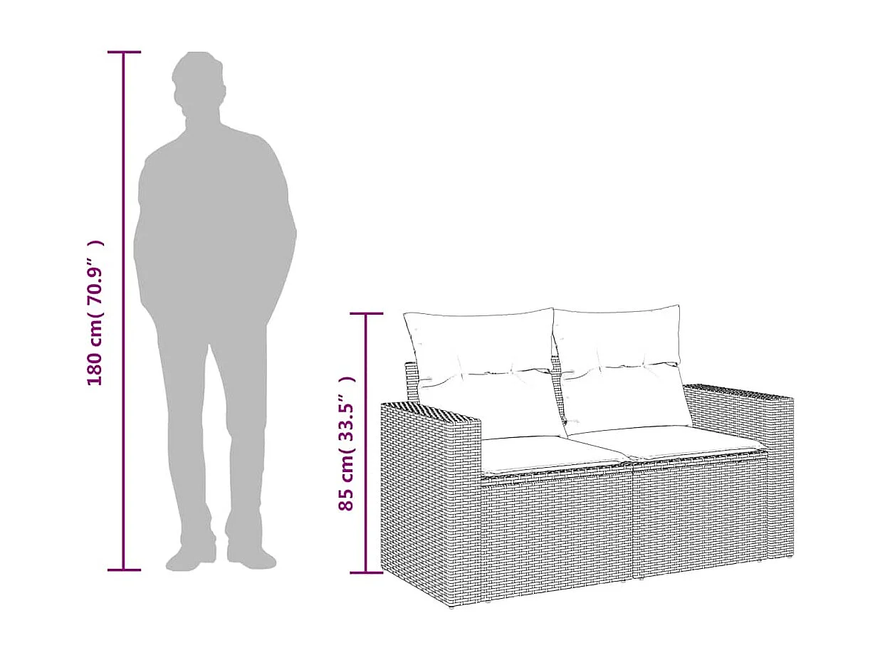 Tuinbank 2-zits met kussens poly rattan lichtgrijs