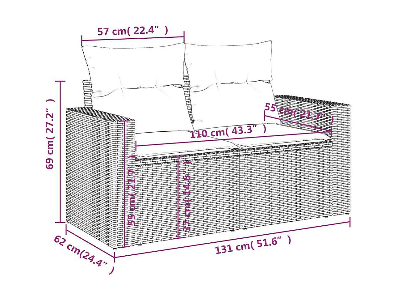 Tuinbank 2-zits met kussens poly rattan lichtgrijs