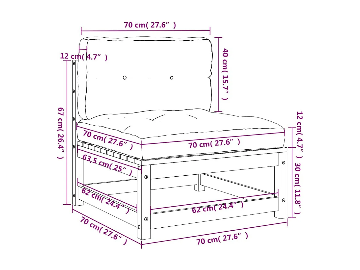 Canapés de jardin sans accoudoirs coussins 2pcs bois massif pin