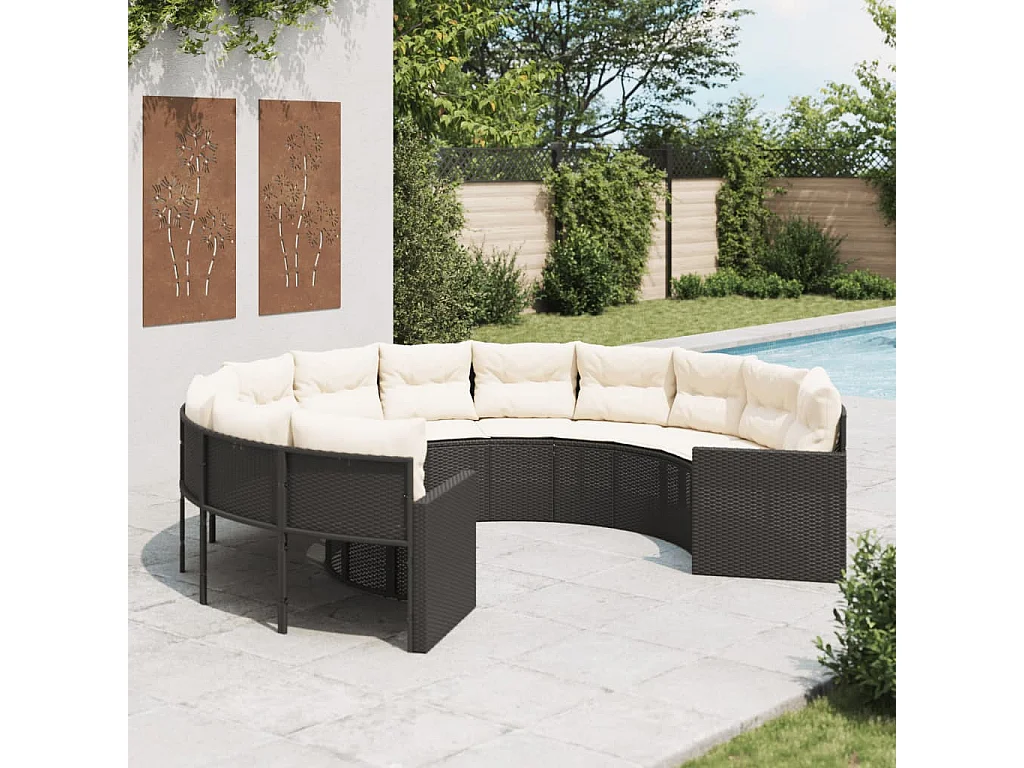 Gartensofa mit Kissen Rund Schwarz Poly-Rattan