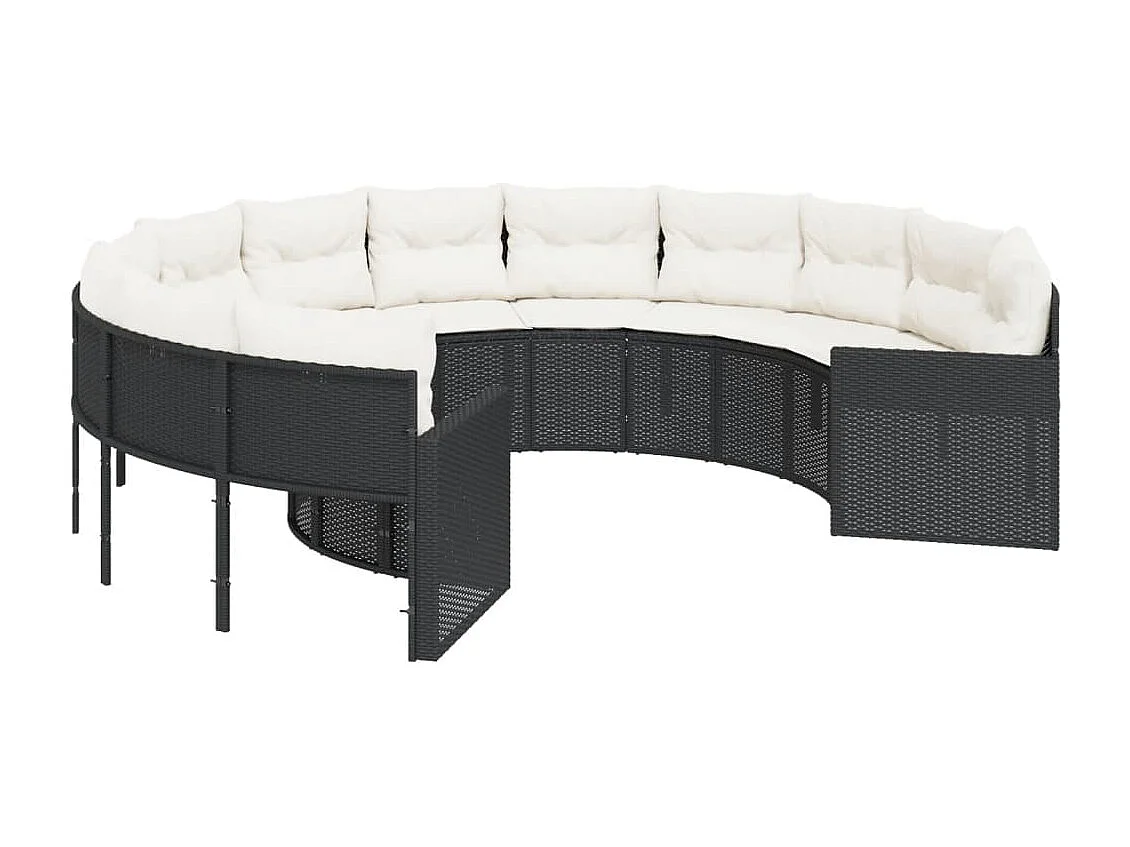 Gartensofa mit Kissen Rund Schwarz Poly-Rattan