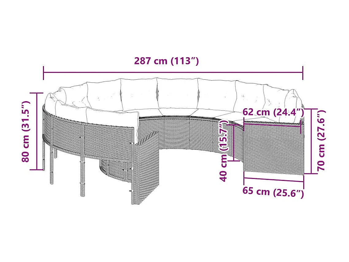 Gartensofa mit Kissen Rund Schwarz Poly-Rattan