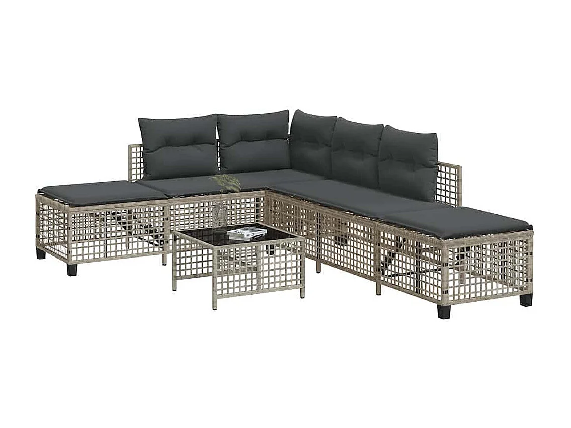 Salon de jardin d'angle avec coussins 3 pcs gris clair rotin