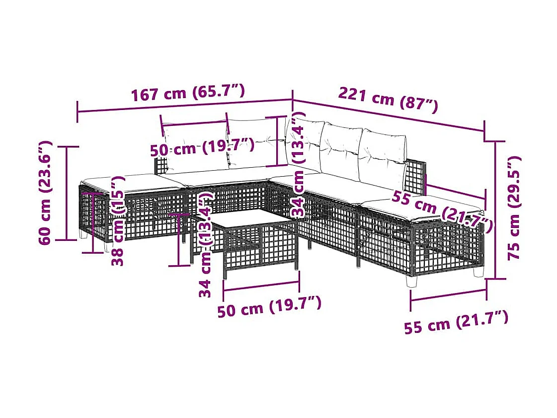 Salon de jardin d'angle avec coussins 3 pcs gris clair rotin