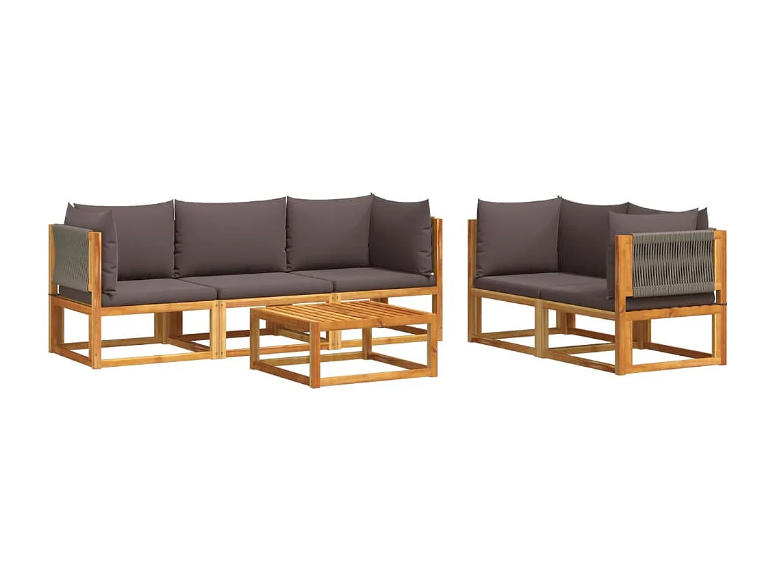 Ensemble de canapés de jardin 6 pièces avec coussins en bois d'acacia et corde