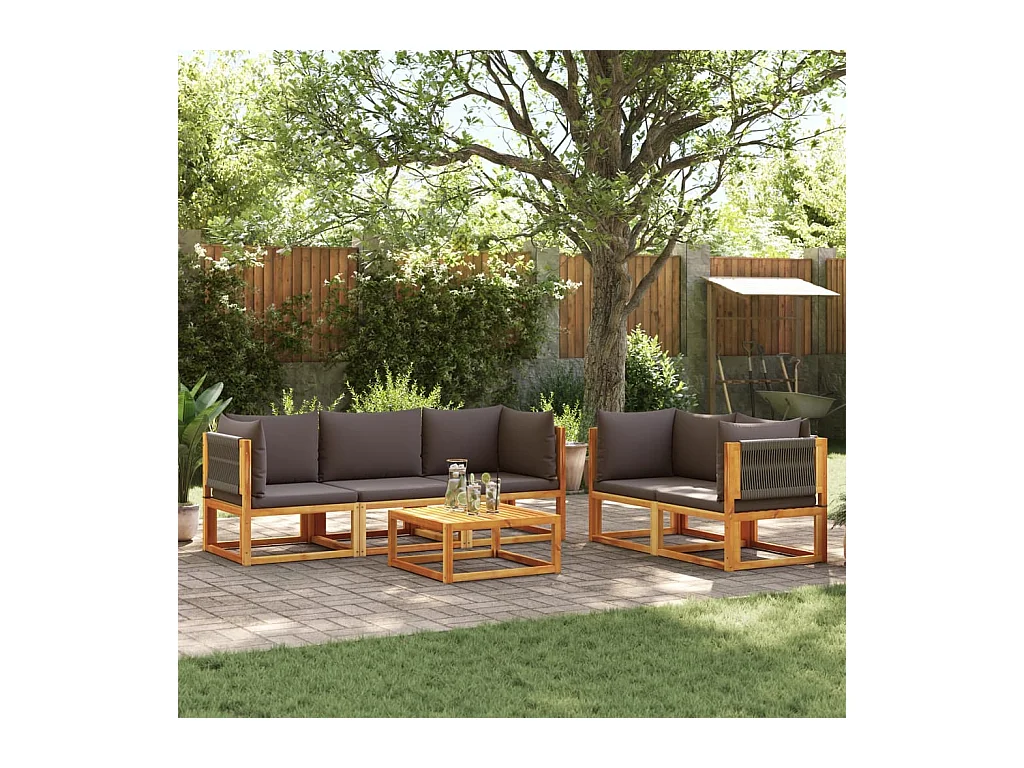 Ensemble de canapés de jardin 6 pièces avec coussins en bois d'acacia et corde