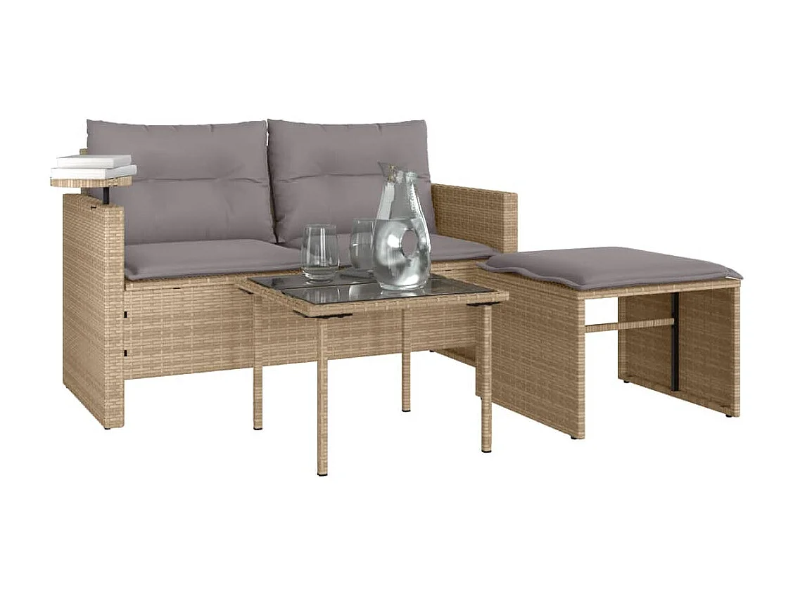 3-tlg. Garten-Sofagarnitur mit Kissen Beige Poly Rattan