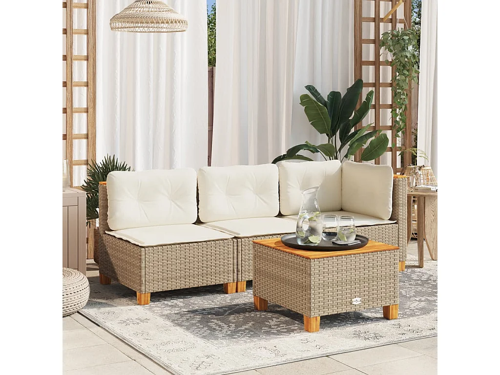 Tuinbank 3-zits met kussens poly rattan beige
