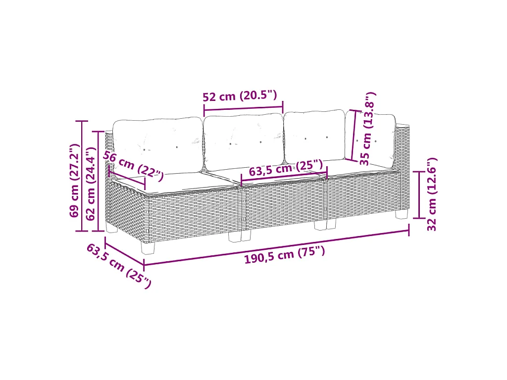 Tuinbank 3-zits met kussens poly rattan beige
