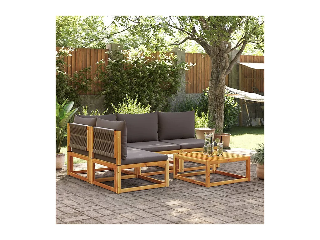 Ensemble de canapés de jardin 5 pièces avec coussins en bois d'acacia et corde