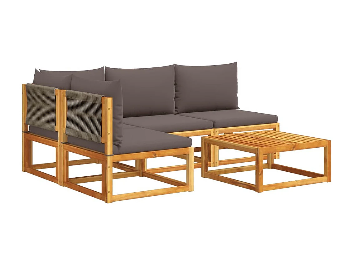 Ensemble de canapés de jardin 5 pièces avec coussins en bois d'acacia et corde