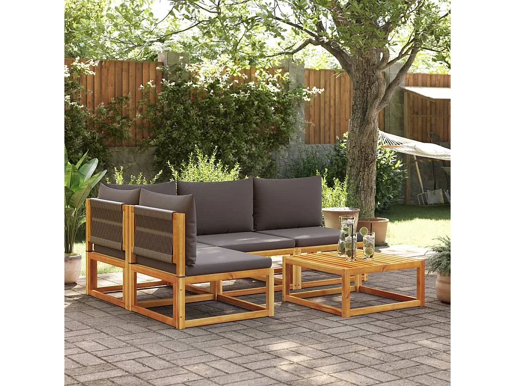 Ensemble de canapés de jardin 5 pièces avec coussins en bois d'acacia et corde