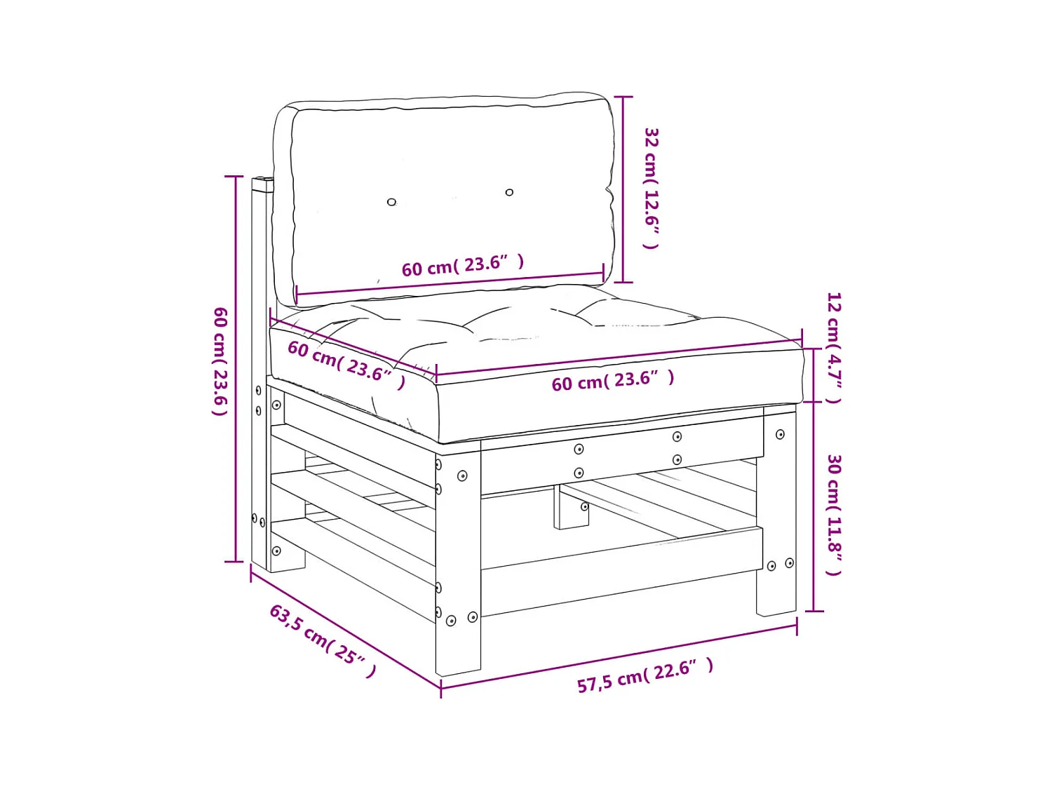 Canapé central avec coussins bois de pin imprégné