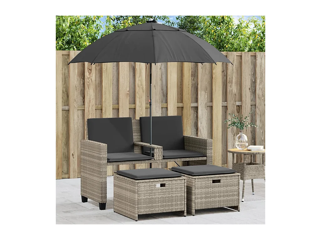 Canapé de jardin 2 places et parasol tabourets gris clair rotin