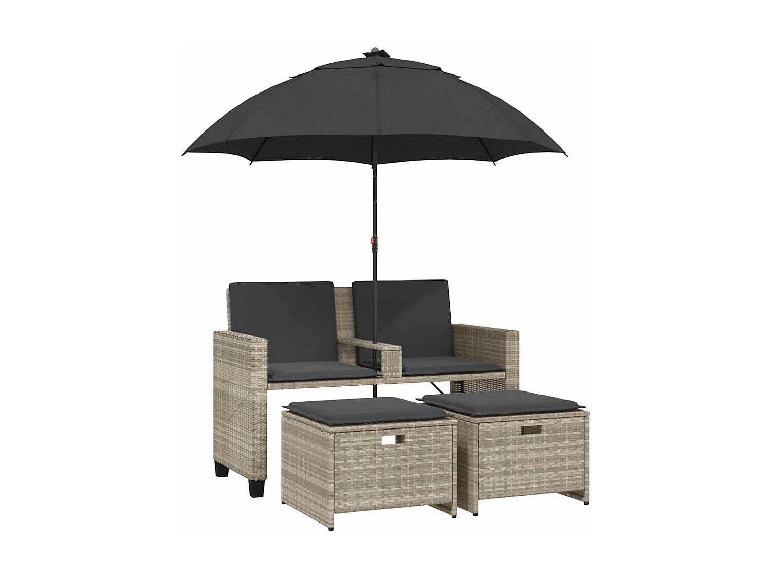 Tuinbank 2-zits parasol en voetenbanken poly rattan lichtgrijs