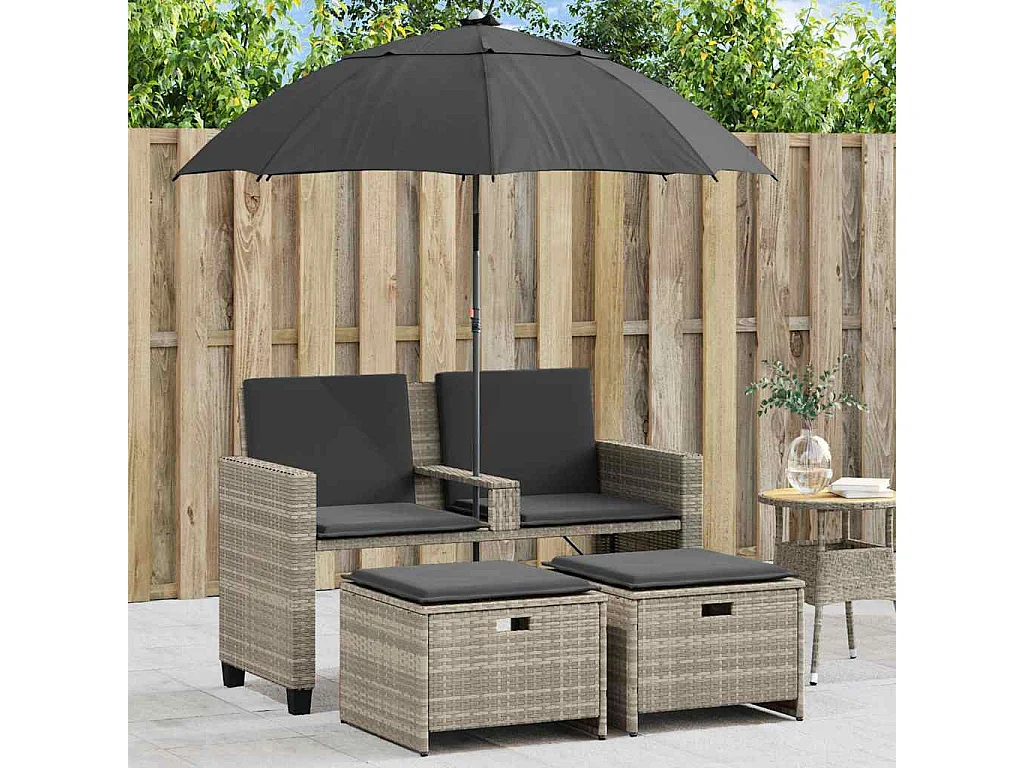 Tuinbank 2-zits parasol en voetenbanken poly rattan lichtgrijs