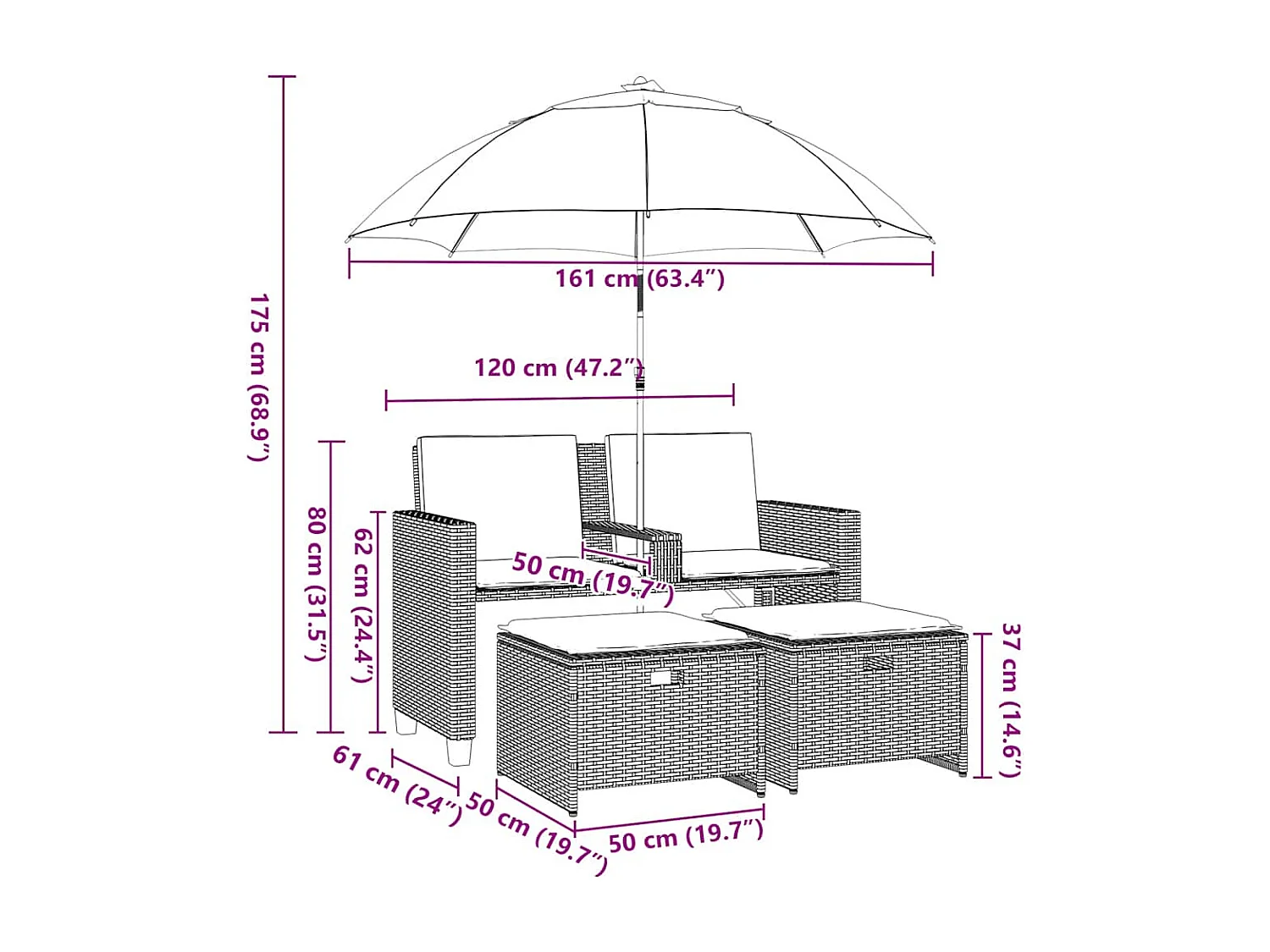 Tuinbank 2-zits parasol en voetenbanken poly rattan lichtgrijs