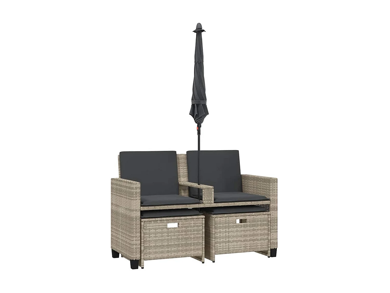 Tuinbank 2-zits parasol en voetenbanken poly rattan lichtgrijs
