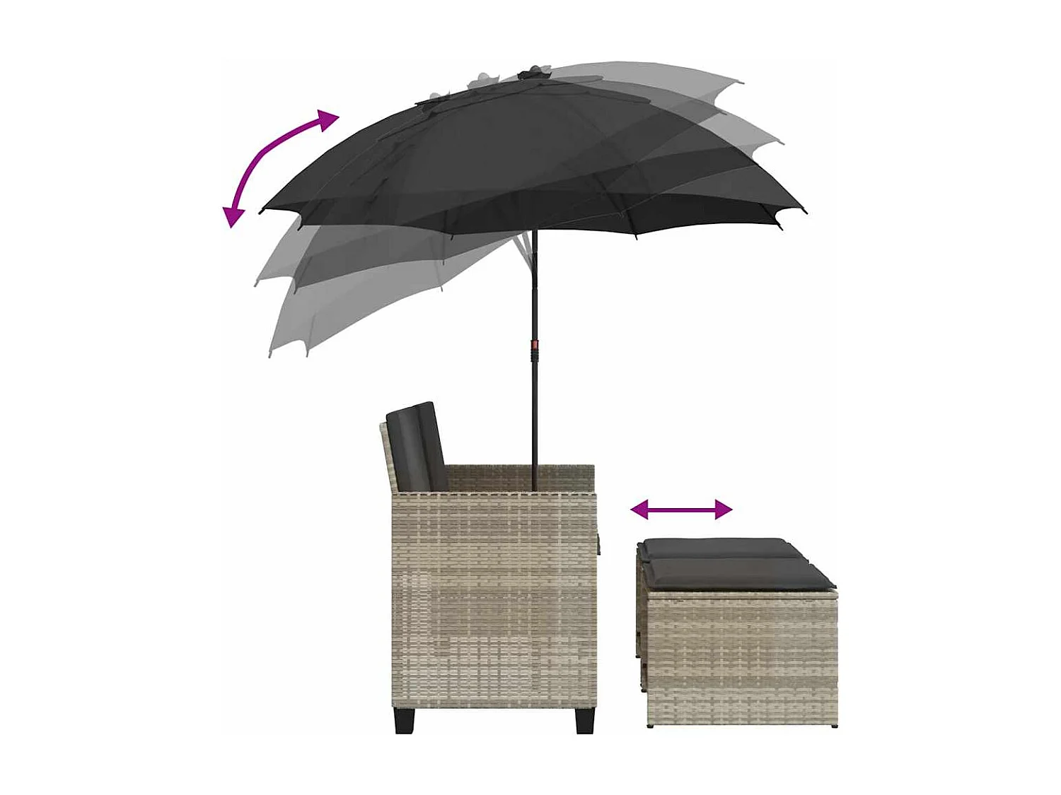 Tuinbank 2-zits parasol en voetenbanken poly rattan lichtgrijs